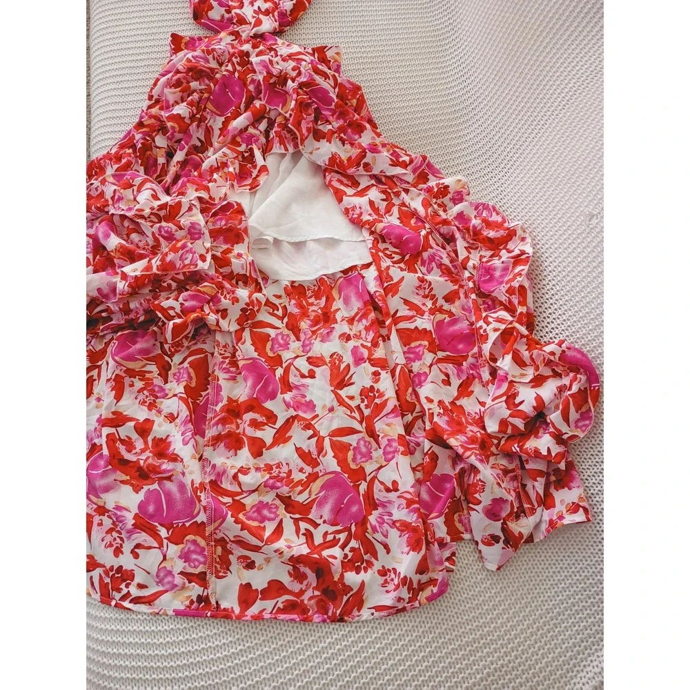 Tropical Floral Halter Maxi‎ Dress Cutout Waist Pink Red Orange Resort W26 S